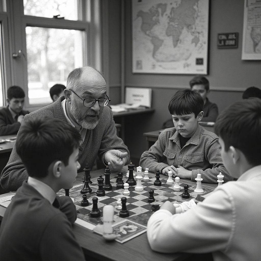 Fondatorul școlii noastre predând șah în primii ani