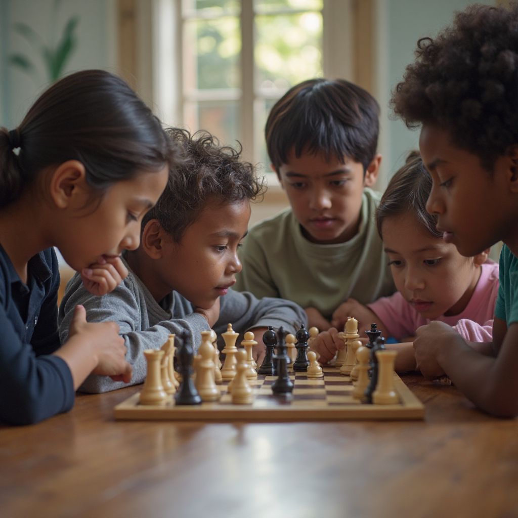 Elevi concentrați la o partidă de șah