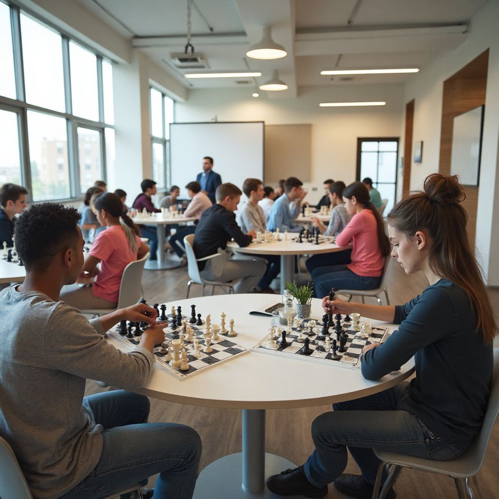 Școala de Șah București - sala principală cu elevi și antrenori